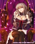  black_legwear breasts candle candlestand candlestick chair cleavage crossed_legs detached_sleeves earrings jewelry lace lace-trimmed_thighhighs large_breasts legs_crossed lips long_hair looking_at_viewer original red_eyes silver_hair sitting smile solo thigh-highs thighhighs yangsion 