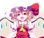  :d ascot blonde_hair blush fang flandre_scarlet haruki_5050 hat hat_ribbon heart heart_background highres musical_note open_mouth red_eyes ribbon short_hair side_ponytail smile solo spoken_musical_note touhou wings 