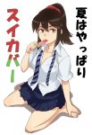  1girl barefoot brown_eyes brown_hair from_above gus_(clarkii) long_hair looking_at_viewer necktie original popsicle school_uniform scrunchie sitting solo translation_request wariza watermelon_bar white_background 
