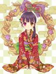  black_hair blush flower heterochromia japanese_clothes kimono long_hair pink_eyes ponytail sakamoto_mio smile solo strike_witches yellow_eyes yuni_(artist) 