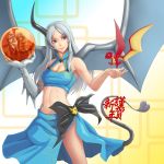  2012 blue_eyes breasts claws cleavage copyright_request dickzanzero dragon dragon_girl dragon_wings highres horn long_hair midriff minidragon navel new_year pearl scales side_slit silver_hair skirt slit_pupils tail wings 