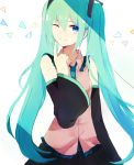  blue_eyes detached_sleeves green_hair hatsune_miku highres long_hair me_(1005646017) necktie skirt smile solo twintails very_long_hair vocaloid wink 