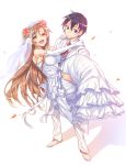  1girl akihazama asuna_(sao) black_eyes black_hair brown_eyes brown_hair carrying couple dress elbow_gloves flower formal gloves hair_flower hair_ornament kirito long_hair married open_mouth princess_carry short_hair suit sword_art_online veil wedding_dress yuuki_asuna 