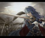  armor army blue_eyes blue_hair cape dragon fiction_(artist) fingerless_gloves fire_emblem fire_emblem:_kakusei gloves highres long_hair lucina sword tiara weapon 