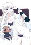  1girl absurdres blue_eyes blush bra chan_co chibi dark_skin drunk expressionless eyebrows flat_gaze heart highres hoodie johnathan_mar jormungand koko_hekmatyar lip_stick long_hair no_pants open_clothes open_shirt pillow red_eyes scar shorts smeared_lipstick underwear white_hair 