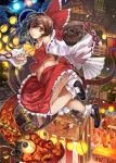  ascot bare_shoulders blush bow brown_eyes brown_hair detached_sleeves festival hair_bow hair_tubes hakurei_reimu himuro_(dobu_no_hotori) lantern long_hair midriff navel short_hair solo stall touhou 