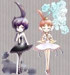  ahiru ahoge artist_request ballerina ballet ballet_slippers bare_shoulders black_hair black_rose bracelet closed_eyes eye_closed flower jewelry lipstick makeup miming multiple_girls navel necklace pendant princess_kraehe princess_tutu princess_tutu_(character) red_eyes rose rue_(princess_tutu) short_hair silhouette smile standing white_rose 