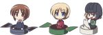  chibi darjeeling fictional_sister girls_und_panzer highres katyusha multiple_girls nishizumi_miho tank_turret uniform 