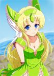  aokura_shou beach blonde_hair blue_eyes blush bow breasts cleavage dress gloves hair_bow helmet highres long_hair low-tied_long_hair ocean riesz seiken_densetsu seiken_densetsu_3 smile solo very_long_hair winged_helmet 