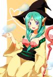  aqua_hair bare_shoulders between_breasts blue_eyes breasts hat heart long_hair magi_the_labyrinth_of_magic open_mouth shell shell_bikini smile solo staff witch_hat yamuraiha yarawi 