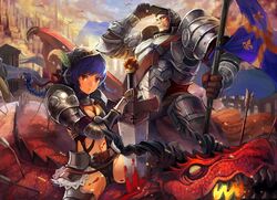  1girl armor arrow beard belt blood blue_hair braid character_request city dragon facial_hair fantasy flag helmet navel nigoro original red_eyes short_shorts shorts sword weapon 