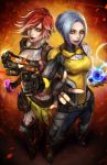  blue_hair borderlands borderlands_2 gloves gun lilith_(borderlands) maya_(borderlands) red_hair redhead smile tattoo torn_clothes vusc weapon yellow_eyes 