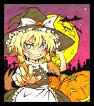  1girl animal_ears bat blonde_hair cosplay full_moon hat highres jack-o&#039;-lantern kemonomimi_mode kirisame_marisa kirisame_marisa_(cosplay) looking_at_viewer moon moriya_suwako nora_wanko smile solo tail touhou witch_hat 