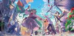  animal city cloud clouds dancing dress drums flowers geister green_eyes green_hair hair_ribbon hatsune_miku highres instrument landscape long_hair necklace pantyhose petals ribbon scenic signature signed sky twintails unicycle very_long_hair vocaloid 