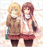  2girls alternate_costume bag black_legwear blonde_hair blue_eyes blush brown_eyes brown_hair cardigan english hair_tubes hakurei_reimu hand_holding holding_hands kasu_(return) kirisame_marisa long_hair long_sleeves multiple_girls necktie open_mouth pantyhose plaid plaid_skirt pleated_skirt scarf school_bag school_uniform skirt skrt sweater touhou yuri 