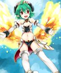  1girl ahoge arcana_trust bare_shoulders blue_sky bracer detached_sleeves gloves green_hair haik hat highres horns low_wings midriff navel open_mouth pointy_ears red_eyes shinrabanshou short_hair sky solo thigh-highs thighhighs white_gloves white_legwear wings 