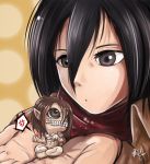  black_eyes black_hair brown_hair colossal_titan cporing green_eyes hands highres mikasa_ackerman pointy_ears rogue_titan scarf shingeki_no_kyojin teeth 