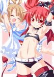  ^_^ angel_and_devil arm_belt armpits arms bat_wings belt brown_hair closed_eyes detached_sleeves disgaea disgaea_d2 etna flat_chest gloves hair_rings kagerou_(kers) long_hair multiple_girls navel open_mouth red_eyes red_hair redhead short_hair sicily smile tail twintails wings 