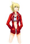  1girl aqua/regia blonde_hair casual cutoffs denim denim_shorts dog_tags fate/apocrypha fate_(series) green_eyes hands_in_pockets highres jacket long_hair mordred navel open_clothes open_jacket ponytail red_jacket shorts solo tubetop 