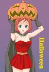  artist_request bare_shoulders black_gloves breasts cape dress freckles gloves green_eyes halloween jack-o&#039;-lantern jack-o'-lantern mahou_sensei_negima! murakami_natsumi orange_hair pumpkin red_dress short_hair solo strapless_dress 