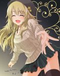  beret black_legwear blonde_hair bra_strap breasts closed_eyes eyes_closed happy happy_birthday hat hoshii_miki idolmaster large_breasts long_hair miniskirt open_mouth outstretched_hand skirt smile solo sweater tayu_(yuntayu) thigh-highs thighhighs 
