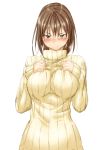  1girl blush breasts brown_eyes brown_hair highres niwatazumi original ribbed_sweater short_hair simple_background solo sweater white_background 
