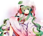  green_eyes green_hair hair_ornament hatsune_miku japanese_clothes kimono leaf long_hair looking_at_viewer nail_polish sitting smile snow_bunny snowflakes solo twintails uchikake umimami very_long_hair vocaloid yuki_miku 