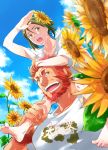  barefoot beard carrying facial_hair fate/zero fate_(series) flower green_eyes green_hair juliacco multiple_boys red_eyes red_hair redhead rider_(fate/zero) shoulder_carry sky summer sunflower sweat t-shirt waver_velvet 