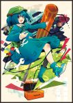  1girl backpack bag blue_eyes blue_hair blush box cattail gears hair_bobbles hair_ornament hat highres kawashiro_nitori key open_mouth plant screwdriver short_hair skirt smile solo toolbox touhou tweezers twintails wrench 