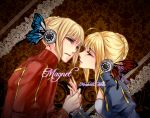  ahoge blonde_hair braid butterfly dress fate/apocrypha fate/stay_night fate_(series) french_braid green_eyes hair_bun hair_up half-closed_eyes headphones highres holding_hands incest incipient_kiss magnet_(vocaloid) mordred mother_and_daughter multiple_girls parody parted_lips reverse_trap saber saber_of_red short_hair silangwan vocaloid 