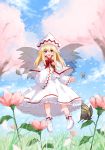  absurdres blonde_hair blue_eyes boots butterfly cherry_blossoms fairy flower hat highres lily_white long_hair open_mouth petals smile solo tamo_no_ko touhou tree wings 