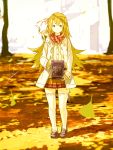  1girl animal_on_shoulder autumn_leaves blonde_hair blurry camera cat cat_on_shoulder coat depth_of_field expressionless falling hair_ribbon highres leaf long_hair looking_at_viewer loundraw on_shoulder original ribbon scarf sepia signature skirt solo thigh-highs thighhighs tree white_legwear yellow_eyes 