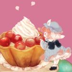  1girl cake cherry closed_eyes dessert eyes_closed food fruit hat japanese_clothes minigirl pastry pink_hair ribbon saigyouji_yuyuko short_hair smile solo touhou triangular_headpiece wide_sleeves yujup 