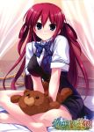  absurdres blue_eyes curtains fumio_(ura_fmo) grisaia_no_rakuen highres indian_style looking_at_viewer red_hair redhead school_uniform sitting smile solo stuffed_animal stuffed_toy suou_amane teddy_bear 