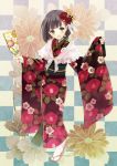  black_hair capelet checkered checkered_background fang floral_print flower fukahire_sanba furisode green_eyes hagoita hair_flower hair_ornament japanese_clothes kimono new_year obi open_mouth original outstretched_arms paddle sandals short_hair smile socks solo standing tabi 
