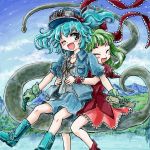  blue_eyes blue_hair blush boots chikuwa closed_eyes cucumber dress food frills front_ponytail gloves goggles green_hair hair_bobbles hair_ornament hair_ribbon hat hug hug_from_behind kagiyama_hina kawashiro_nitori multiple_girls nanashii_(soregasisan) open_mouth ribbon short_hair smile snake touhou twintails wink wrist_ribbon 