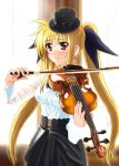  1girl blonde_hair blush bow_(instrument) breasts diesel-turbo fate_testarossa hair_ribbon hat instrument long_hair lyrical_nanoha mahou_shoujo_lyrical_nanoha_strikers mizuki_nana red_eyes ribbon seiyuu_connection skirt smile solo top_hat twintails violin 