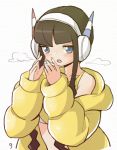  1girl black_hair blue_eyes blush breath crop_top fur_coat headphones jorin kamitsure_(pokemon) long_hair pokemon pokemon_(game) pokemon_bw2 solo 