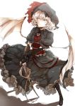  1girl bat_wings boots brooch corset dress hat highres jewelry neichiru remilia_scarlet short_hair silver_hair smile solo sword touhou weapon wings wrist_cuffs yellow_eyes 
