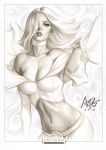  1girl 2013 bare_shoulders blue_eyes breasts cape choker cleavage collarbone earrings elbow_gloves emma_frost gloves jewelry marker_(medium) marvel midriff navel signature solo stanley_lau traditional_media x-men 