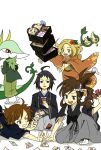  2girls 3boys ahoge alternate_costume bel_(pokemon) black_eyes black_hair blonde_hair brown_eyes brown_hair card cheren_(pokemon) clumpsy clumsy flower green_eyes green_hair hair_flower hair_ornament iroha_karuta japanese_clothes kimono long_hair multiple_boys multiple_girls n_(pokemon) new_year obi open_mouth pokemon pokemon_(creature) pokemon_(game) pokemon_bw ponytail sei_(shinkai_parallel) serperior shimenawa snivy stunfisk tasuki touko_(pokemon) touya_(pokemon) tympole 