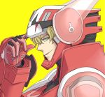  1boy barnaby_brooks_jr blonde_hair green_eyes ko-ma-me power_armor power_suit simple_background solo superhero tiger_&amp;_bunny yellow_background 