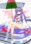  alternate_costume breasts car cleavage collarbone crescent crossed_legs double_bun hair_ribbon huge_breasts large_breasts legs leotard long_hair long_legs long_sleeves looking_at_viewer motor_vehicle open_clothes open_shirt parasol patchouli_knowledge purple_eyes purple_hair race_queen racequeen ribbon rougetsu_(eclipse) shoes sitting sitting_on_car sitting_on_object solo thighs touhou umbrella vehicle very_long_hair violet_eyes wide_sleeves 