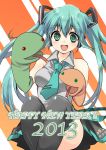  1girl 2013 :d absurdres aqua_hair green_eyes hand_puppet happy_new_year hatsune_miku headphones highres izumu long_hair necktie new_year open_mouth puppet sitting skirt smile snake solo striped striped_background thigh-highs thighhighs twintails vocaloid 
