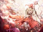  1girl ascot barefoot beret blonde_hair blush closed_eyes crescent eyes_closed fang fangs flandre_scarlet happy hat hat_removed hat_ribbon headwear_removed hong_meiling izayoi_sakuya laevatein maid_headdress open_mouth patchouli_knowledge power-up remilia_scarlet ribbon short_hair side_ponytail skirt smile solo star touhou wings wrist_cuffs yoshike~to 
