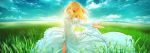  ahoge blonde_hair blue_sky dress fate/stay_night fate_(series) field frilled_dress frills grass green_eyes hair_down horizon long_hair long_image outstretched_hand saber sky solo takeuchi_takashi white_dress wide_image 