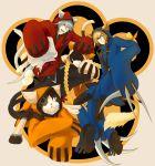  2boys blazblue blonde_hair cat cat_tail claws cosplay eyepatch food food_in_mouth green_eyes heterochromia highres jin_kisaragi jubei_(blazblue) long_hair multiple_boys multiple_tails nikuman noco over_shoulder ragna_the_bloodedge red_eyes sharp_teeth sheath sheathed silver_hair sword sword_over_shoulder tail taokaka taokaka_(cosplay) very_long_hair weapon weapon_over_shoulder 