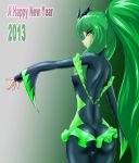  2013 ass bad_end_march bad_end_precure bodysuit dark_persona fingerless_gloves gloves green_eyes green_hair grey_background happy_new_year long_hair ponytail precure smile smile_precure! solo tiara vyz03110 