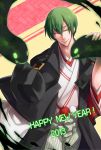 1boy 2013 blazblue green_hair happy_new_year hat hazama jacket japanese_clothes kaneaki_mukku kimono male smile solo wink yellow_eyes 