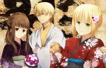  1boy 2girls ahoge blonde_hair brown_eyes brown_hair fate/extra fate/extra_ccc fate_(series) female_protagonist_(fate/extra) flower gilgamesh green_eyes hair_flower hair_ornament japanese_clothes kimono multiple_girls pochi-a red_eyes saber_extra 